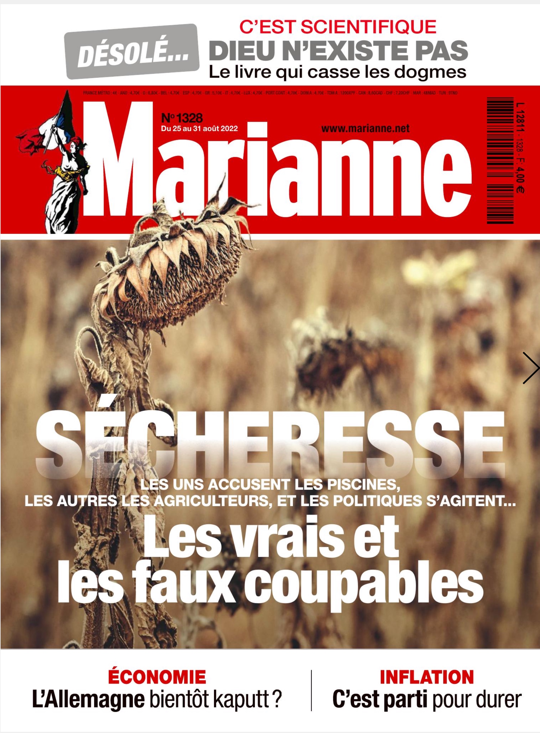 Article sur la sécheresse en une de Marianne n°1326